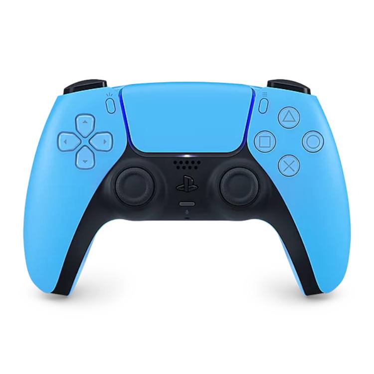 Collection of Vue de face de la manette PS5 DualSense bleue – manette sans fil avec technologie haptique avancée et gâchettes adaptatives. | Inforezo in a gallery layout